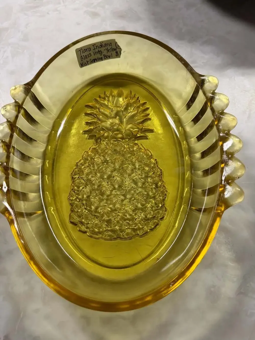 Tiara Indiana Glass Yellow Mist Pineapple Oval Serving Bowl